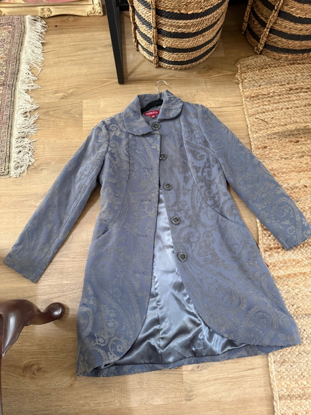 Vintage-Style Embossed Blue Coat with Decorative Buttons